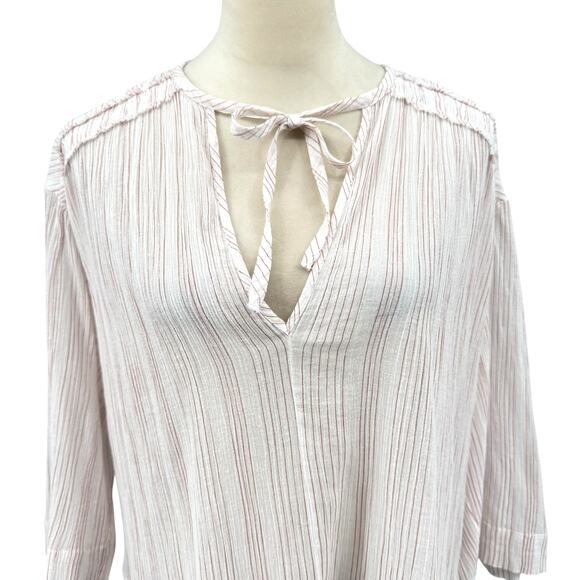Vince Variegated Stripe Crinkle Breathable Cotton Tassel V-neck Wide Sleeve Top - Picture 5 of 13
